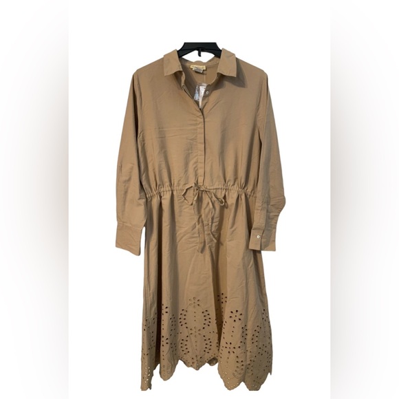 Sweet Magnolia Tan Long Sleeve Cotton Shirt Dress Cutout Hem On Bottom Sz L NWT - Picture 3 of 9